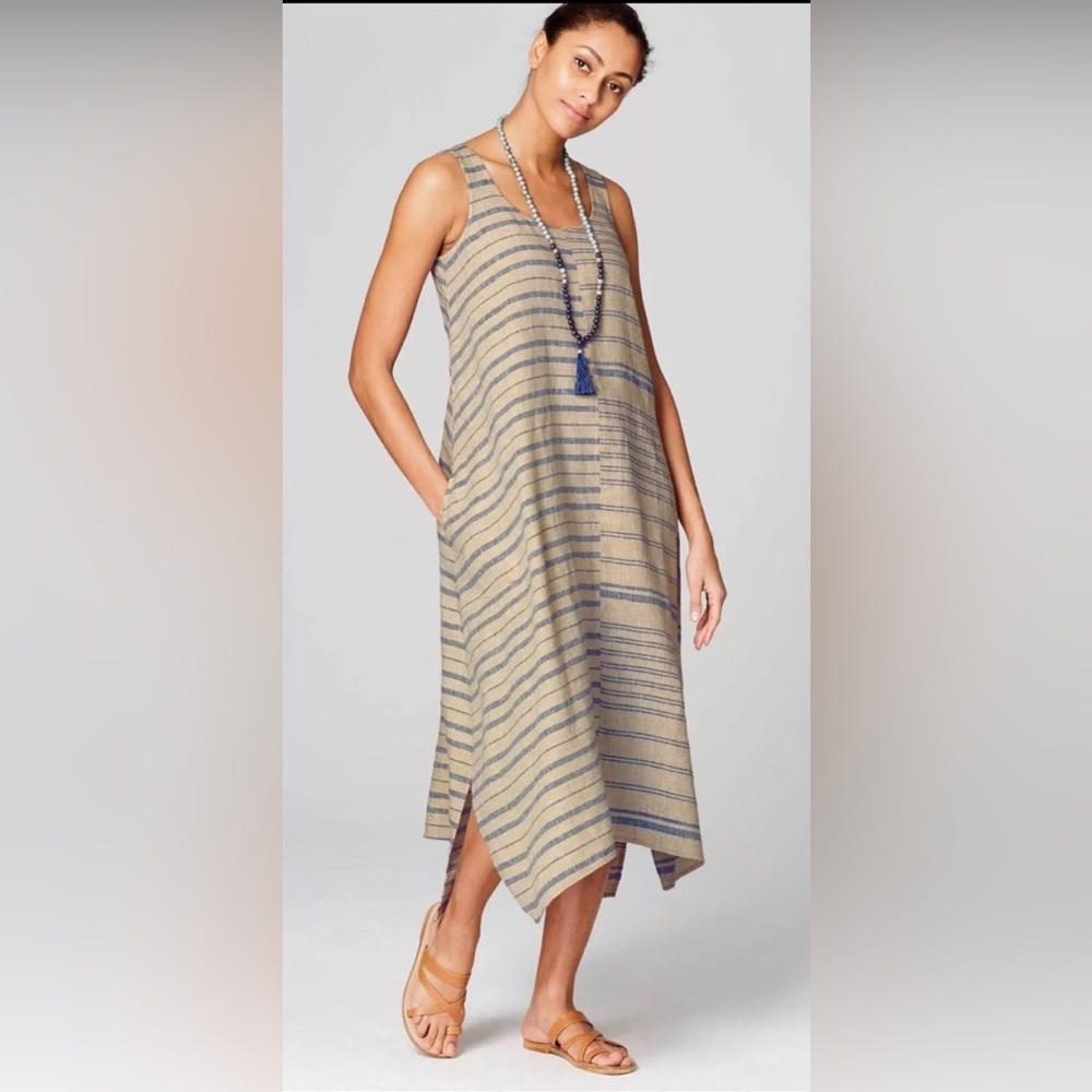 NWT J.Jill 100% Linen Sleeveless Striped Linen-Blend Dress in Beige and Navy